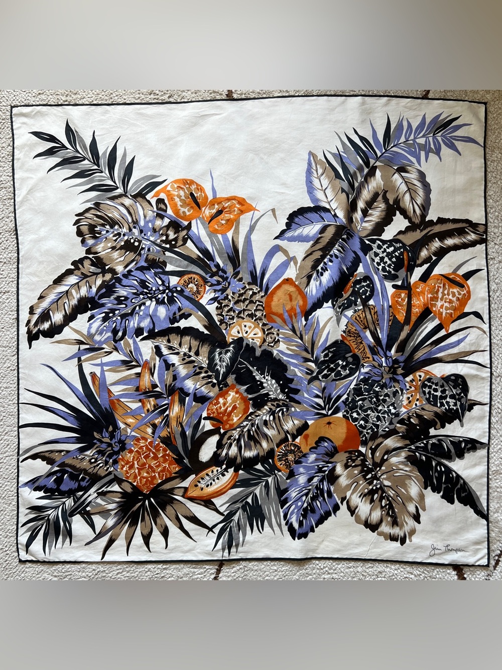 Vtg Jim Thompson Silk Scarf Tropical Botanical Palm Monstera Leaves Fruits 31x32